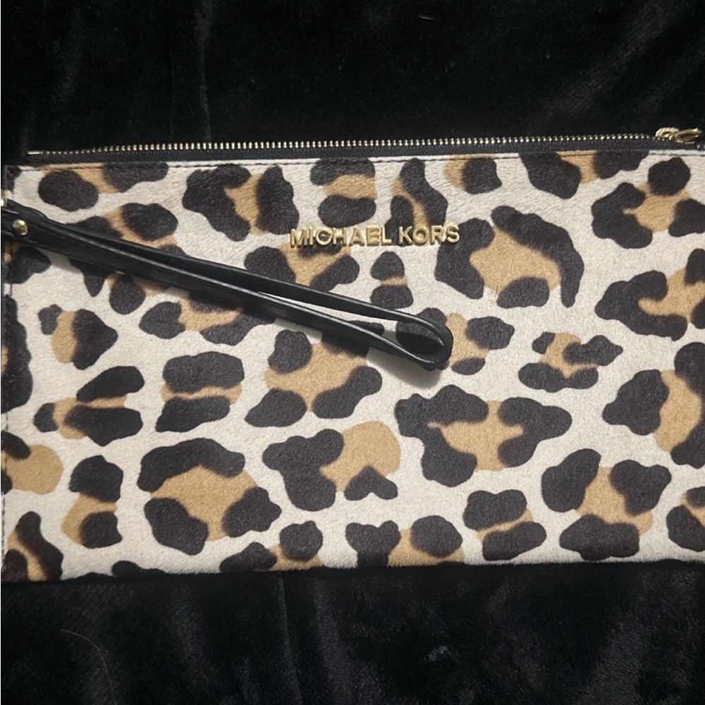 Michael Kors cowhide, leopard print wristlet pouch